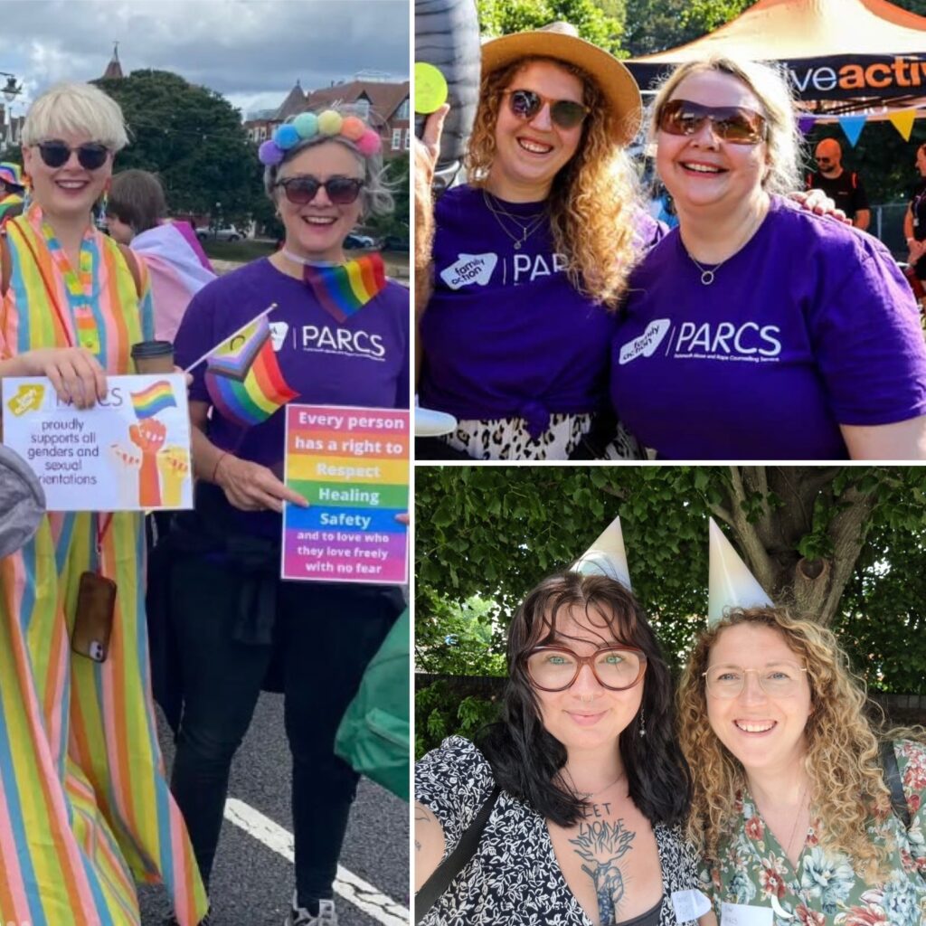 A collage of photographs showing the PARCS staff team at various events (including Pride) wearing purple PARCS t-shirts.