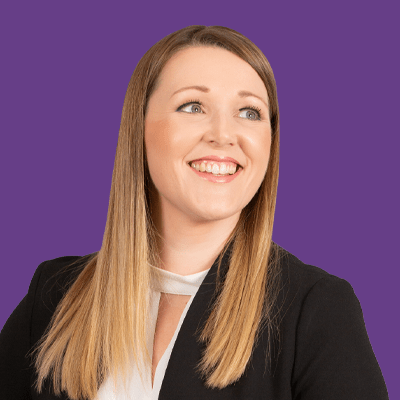 Sarah Manning, Solicitor, Mediator and Family Mediation Week Chair, with purple background